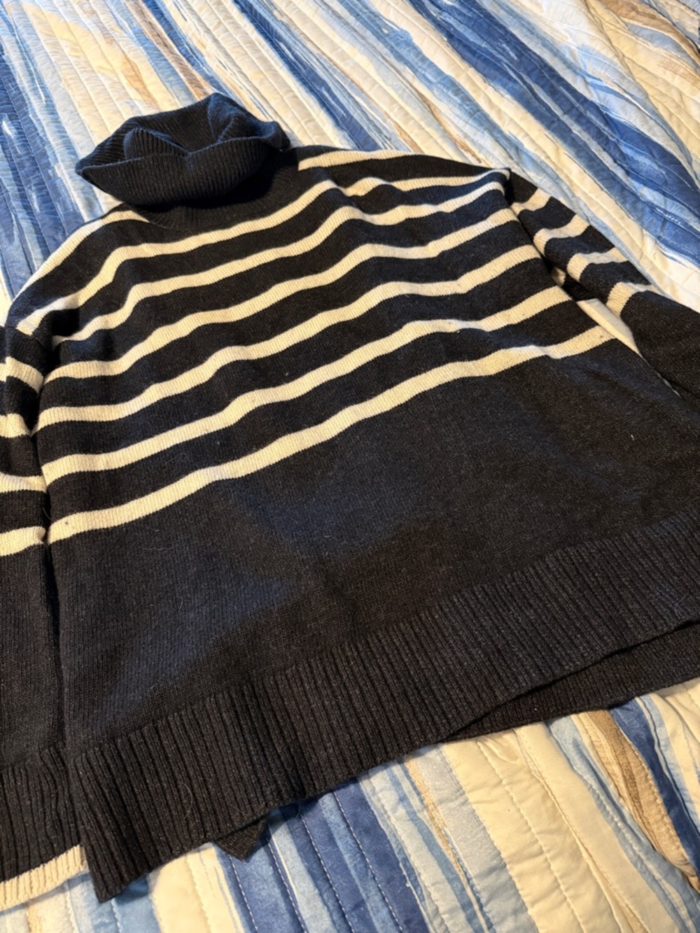 Women's Black & White Striped Turtleneck Sweater